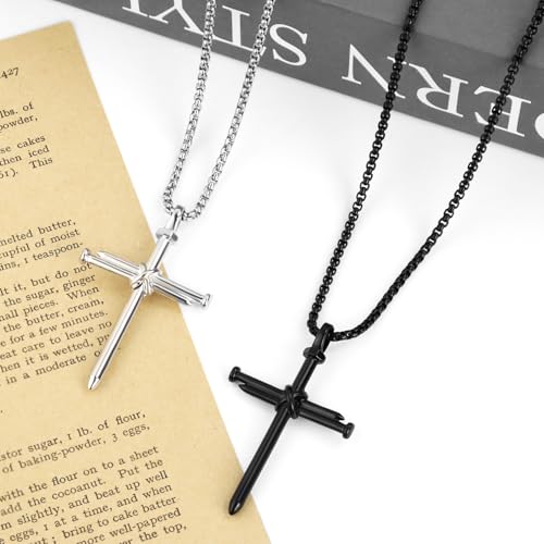 2 Pcs Vintage 3 Nail Cross Necklace for Men,24 Inch Stainless Steel Strength Bible Verse Pendant,Black Silver Gifts for Men