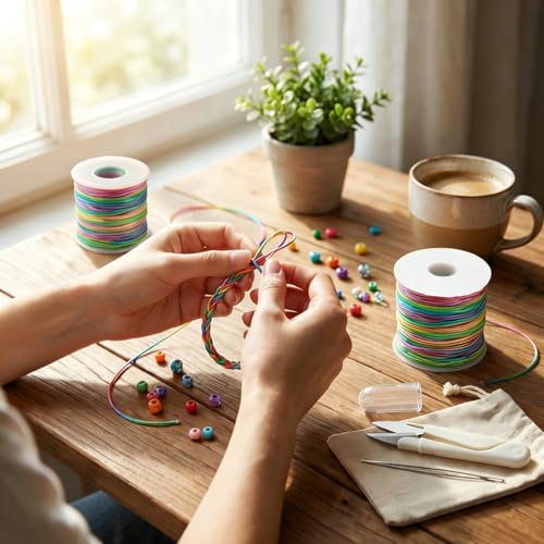 Jewelry Making String Set Elastic Cord Non‑Elastic Beading Thread with Needles and Scissors, Rainbow Stretchy String for Bracelets Beading DIY Crafts