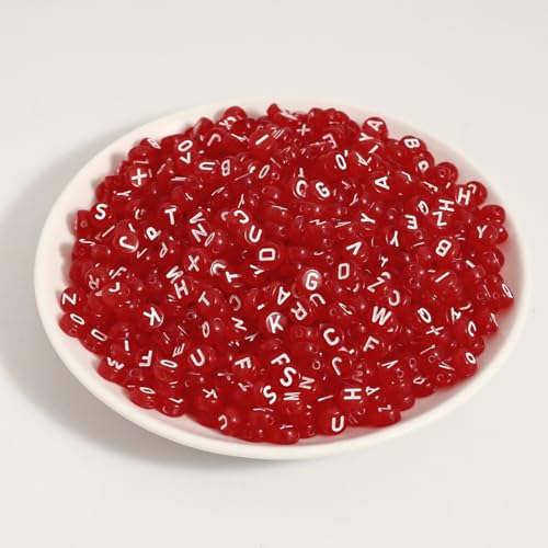 1200pcs 4×7mm Alphabet Beads Transparent Red Roude Acrylic White Letter Beads, for Bracelets and Jewelry Making - color: style 15, size: 4×7mm(Round)