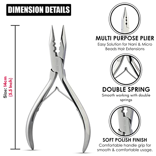 Pro Hair Extension Tools Mini 3 Holes Silicone Micro Beads & Nano Rings Hair Extensions Opener & Remover Pliers Hair Tinsel Feathers Fitting Plier Micro Bead Crimping Plier (Mirror Polish Soft)