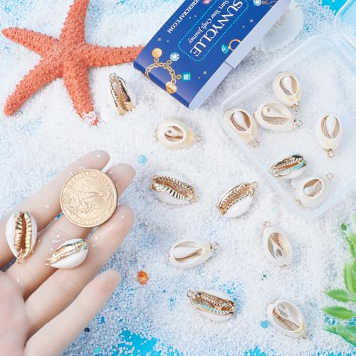 SUNNYCLUE 1 Box 20Pcs Seashell Charms Shell Charms Sea Shells Sea Shell Charms Bulk Natural Cowrie Shell Charms Summer Hawaii Gold Electroplated Shell Charm for Jewelry Making DIY Craft Supplies - color: 1 Box 20Pcs Gold Cowrie Shell Charms