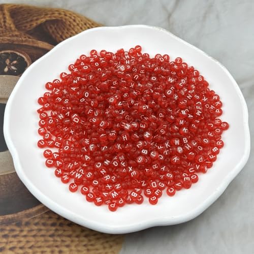 1000pcs Round Letter Beads 4x7mm Acrylic Alphabet Beads Spacer Beads for Jewelry Making Bracelets Necklace Earring Key Chains DIY Craft(E-White Letter Red Bead) - color: E-White Letter Red Bead