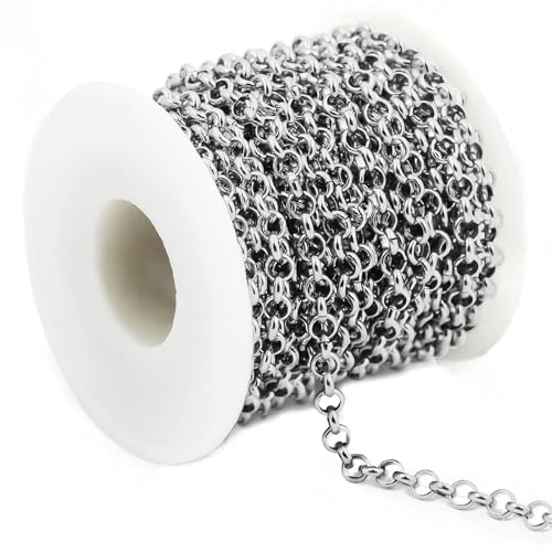 UniCrena Silver Rolo Chain Jewelry Making Supplies 9.8ft - 5mm Link Chain Bulk for DIY Bracelet Hat Chains Decoration - color: Round Rolo_Silver, size: 5mm_3m/9.8ft