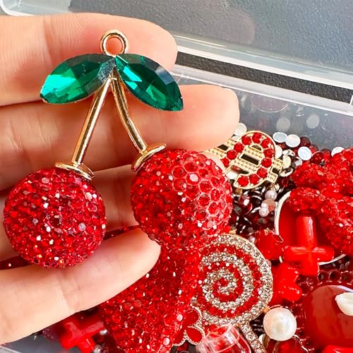 Red Junk Case Charms Kit, Junks Phone Cases With Rhinestone Accessories And Full Diamond Bow Bag Lollipop Cherry Dollar Sign Resin Kits With DIY Phones Decorations