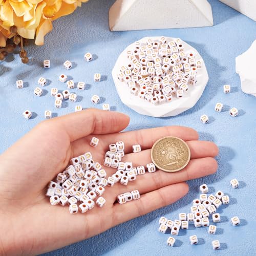 FASHEWELRY 500Pcs White Golden Letter Beads 4.5mm Square Alphabet Beads Acrylic Cube Letter U Beads for Friendship Bracelet Necklace Keychains Jewelry Making - color: Letter U