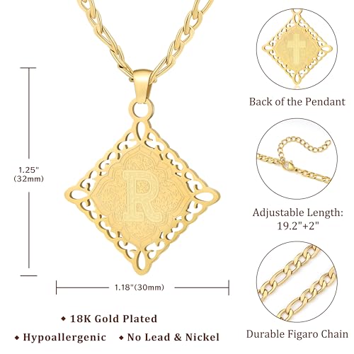 LETFLY Initial Necklaces for Women Men, 18K Gold Plated Letter Cross Pendant Necklace Alphabets A-Z Figaro Chain Jewelry Gifts - color: Rhombic, style: Letter R