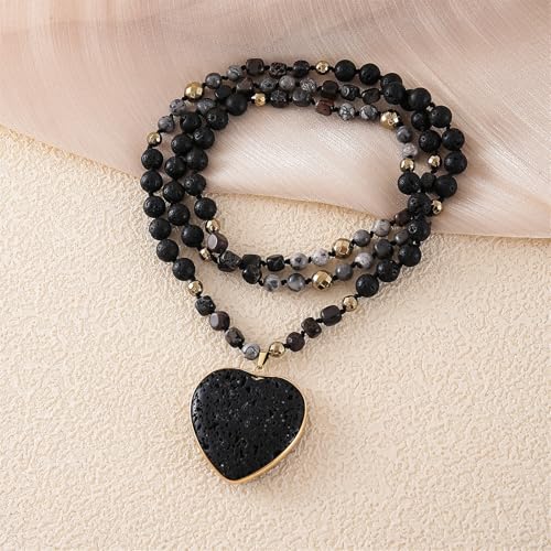 Long Necklaces for Women Boho, Oval Waterdrop Turquoise Pendant, Natural Stone Beaded, Handmade,Vintage & Elegance, Boho Fashion Charm Beaded Necklace for Women - style: K-Lava Rock Pendant