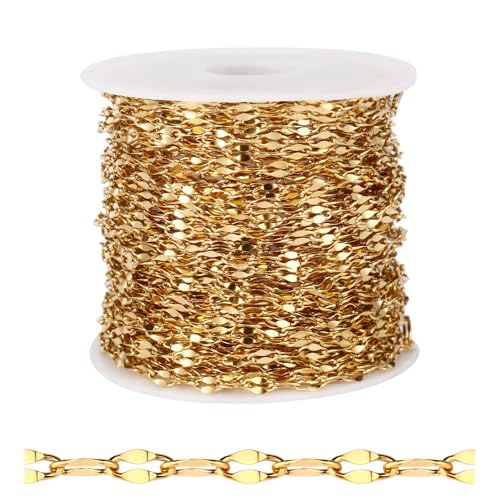 [33FT] 18K Gold PVD Plated Lip Chains for Jewelry Making 2MM Stainless Steel Sparkly Link Chain Bulk for Necklace Bracelet - color: Gold