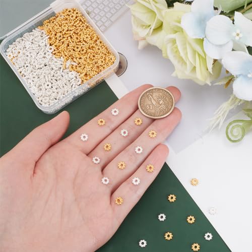 PH PandaHall 500pcs Tibetan Flower Spacer Beads, 2 Colors 5mm Alloy Daisy Beads Metal Jewelry Spacers Snowflake Spacer for Bracelet Necklace Earring Jewelry Making, Golden&Silver - color: Gold Silver