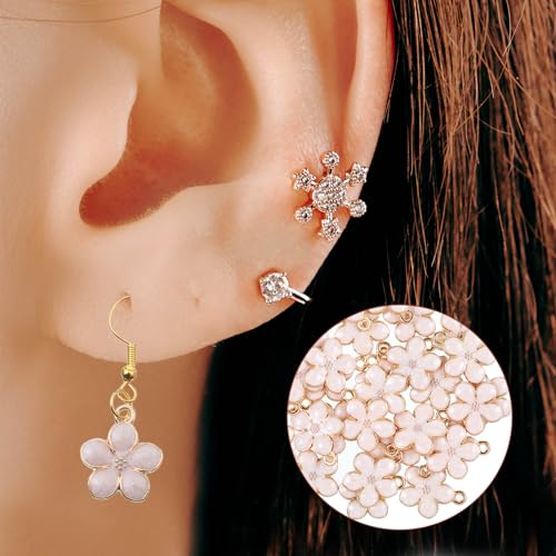 Thinp 30 Pcs Cherry Blossoms Decor, Flower Charms for Jewelry Making Small Flower Enamel Charms Gold Plated Flowers Pendants for DIY Crafts Purse Keychains Bracelet Necklace Earrings Making Findings