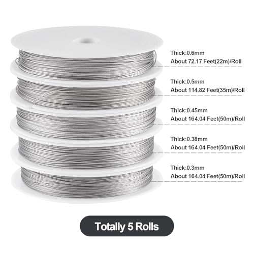Craftdady 5 Roll Tiger Tail Wire 0.3 mm 0.38 mm 0.45 mm 0.5 mm 0.6 mm Wire Jewelry Beading Wire Craft String Metal Wrap Wire for DIY Necklace Bracelet Jewelry Making
