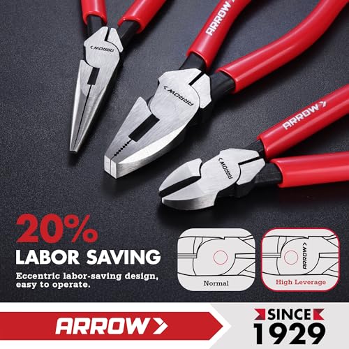 ARROW 3PCS Pliers Set, 6" Needle Nose Pliers, 6" Diagonal Plier, 7" Linesman with Non-slip Handle, Premium Carbon Steel, High Leverage Design - style: 6" Needle Nose/6" Diagonal/7" Linesman