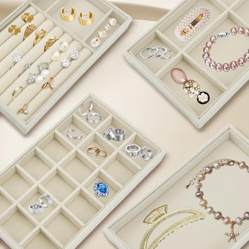 8 Pack Jewelry Organizer for Drawer, Necklace Velvet Storage Display Tray, Stackable Insert Divided Holder for Bracelet Rings Earring Brooch Watch, Beige 4 Styles - style: Modern