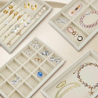 8 Pack Jewelry Organizer for Drawer, Necklace Velvet Storage Display Tray, Stackable Insert Divided Holder for Bracelet Rings Earring Brooch Watch, Beige 4 Styles - style: Modern