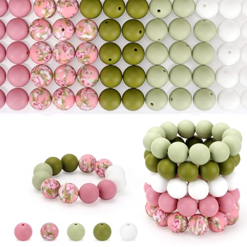 100 Pcs 15mm Silicone Beads for Keychain Making, Pink Gream Silicone Beads Bulk Round for Bracelets Pens Crafts Jewelry Making (Pink Green) - color: Pink Green
