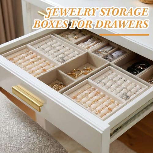 6 Pcs Small Jewelry Tray-ring Organizer Velvet Rings Earring Display Tray Mini Storage Insert Holder 7 Slots for Drawer(Beige) - color: Beige