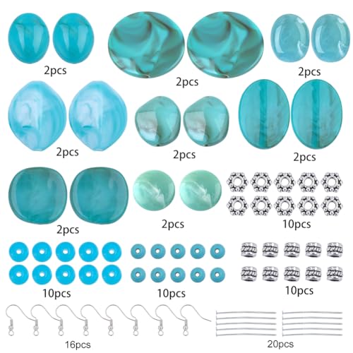 SUNNYCLUE 1 Box DIY 8 Pairs Acrylic Bead Drop Earrings Making Kits Flat Round Oval Rectangle Square Acrylic Beads & Synthetical Turquoise Beads & Earring Hooks for Beginner