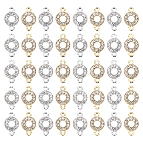 PH PandaHall 60pcs Flat Round Link Charms Rhinestone Connectors Charms Alloy Round Jewelry Links Ring Circle Charm Links Double Loop Jewelry Connectors for Bracelet Earring DIY, Gold/Platinum - size: 0.53 inch