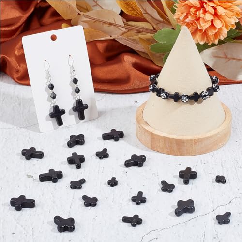 SUNNYCLUE 1 Box 90Pcs Black Cross Beads 3 Sizes Small Stone Cross Bead 10/16/20mm Mini Tiny Synthetic Turquoise Gemstone Beads Charms Easter Holiday Pocket Crosses for Jewelry Making Kits - color: 90pcs 10/16/20mm Black Cross Beads