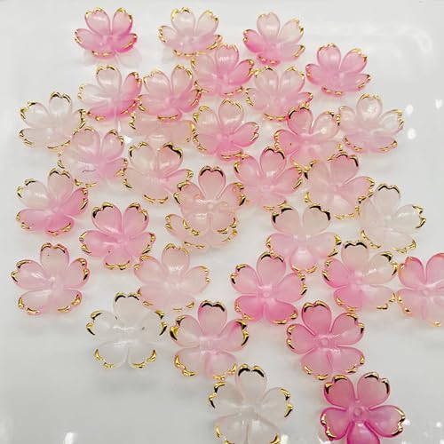 50Pcs Cherry Blossom Acrylic Flower Beads, Mini Floral Spacer Beads for Jewelry Making 5-Petal Gradient Flower Bead Gold-Plated Flowers Bead Charms for Bracelets (Pale Pink Gradient) - color: Pale Pink Gradient