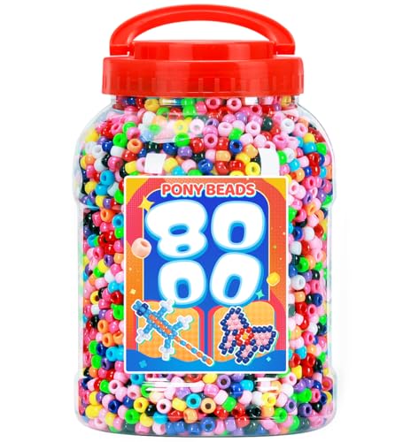 Bundooraking 8000pcs Pony Beads Bulk,Colorful Craft Plastic Beads for Bracelets, Jewelry Making, Crafts, Hair Braiding, Keychains & DIY Projects with Handle Storage Bucket（6x9mm） - color: Classic, size: Super Large[8000]