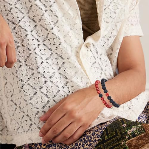 RANKEEF Tiger Eye Bracelet For Men 8MM Natural Stone Stretch Adjustable Black Crystal Beaded Bracelet for Men Women Gifts - color: 2,red,black