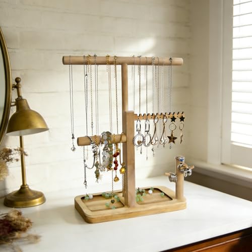 Solid Wood Jewelry Tower Organizer - 3-Tier Tree Holder Stand with 11 Earring Holes, 2 T-bar for bracelets Necklace or watches, Ring Tree & Display Tray (natural wood) - color: natural wood