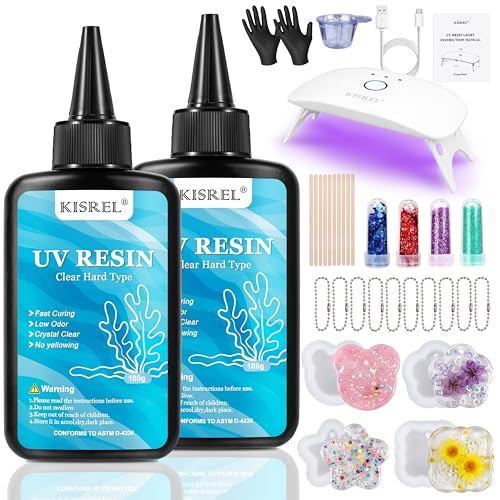 KISREL UV Resin Jewelry Making Kit, 200g Crystal Clear Resin with Light and Molds, DIY Jewelry Making Kit, Resina Starter Kit for Keychain and Earring - size: 200g