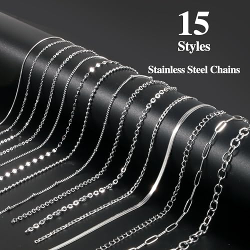 Wisreach Necklace Chains for Jewelry Making, 118 Feet 15 Rolls Stainless Steel Jewelry Chains for DIY Necklace Bracelet Making with Stainless Steel Jump Rings/Lobster Clasps/Connectors - color: Silver