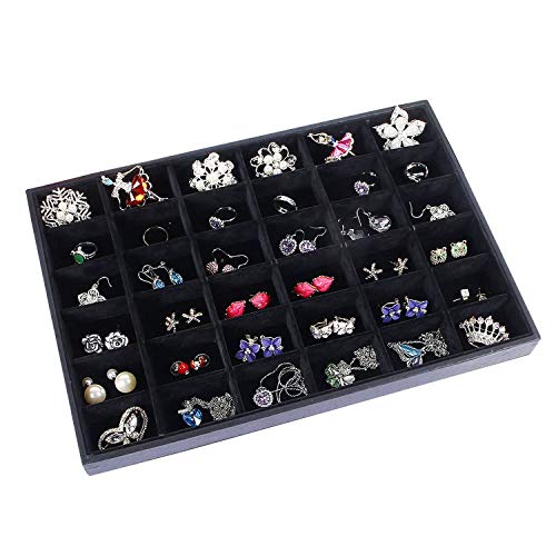 Black Velvet Stackable 36 Compartments Jewelry Tray Showcase Display Organizer Holder Rectangle Storage Box Case Containers Chest for Women Gemstone,Pendant,Key,Marble,Crystal Stone,Accessory,Diamond - color: Black 36 Grid