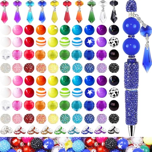 315Pcs 20mm Beads for Pens Making with Rondelle Spacer Beads Mixed Acrylic Focal Bubblegum Bead Crystal Round Sparkly Chunky Bead for Pens Beadable Necklace Keychain DIY Craft Jewelry Making Supplies - color: Rainbow and Pendant