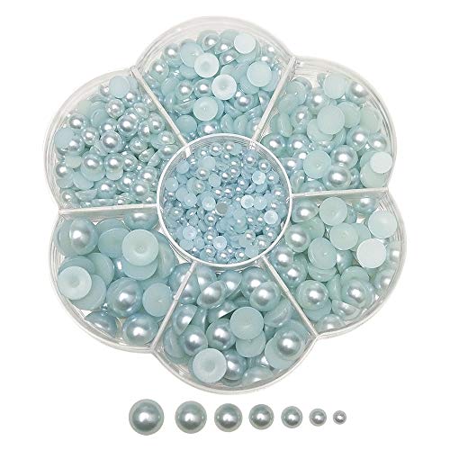 Chenkou Craft Random 1900pcs Assorted 7 Sizes(3/4/5/6/7/8/10mm) Blue Imitation Half Pearl Bead Flat Back Gem Scrapbook Craft DIY Loose Beads + Plastic Box (Blue) - color: Blue