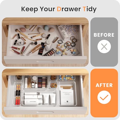 【Military Grade】A-LuGei Drawer Organizer,【𝟱𝗦𝗶𝘇𝗲】Makeup organizer,【Holds 177 Items】Bathroom Organizers and Storage,Organization and Storage,Desk Drawer Organizer for Vanity【Clear】