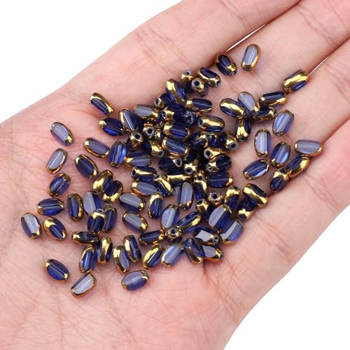 Glass Rice Beads Clear Royal Blue 4x6mm 50pcs Faceted Oval Golden Edge Crystal Loose Beads for DIY Craft Jewelry Making - color: Clear Royal Blue