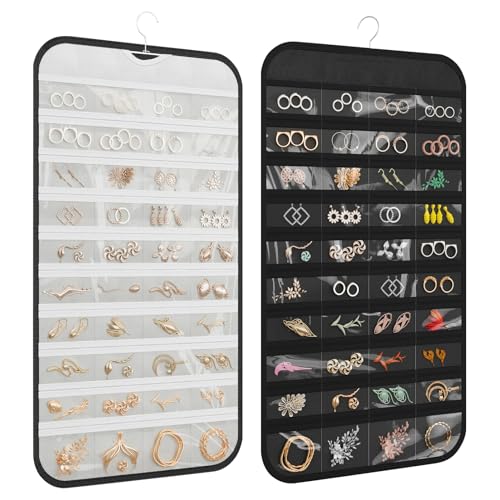 1 Pack Hanging Jewelry Organizer 80-Pocket Dual-sided Jewelry Storage for Earring Necklace Bracelet Ring Travel Holder, Black and White - color: Black and White