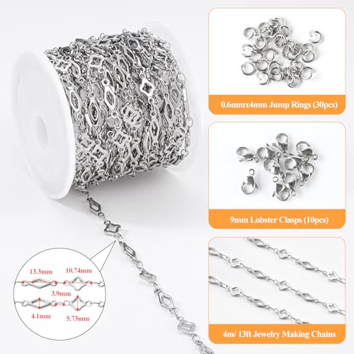 YOUBEIYEE 13 Feet Stainless Steel Jewelry Making Chains Rhombic Clover Link Chain for Women Necklace DIY Chains Bulk - color: Clover Rhombic Silver