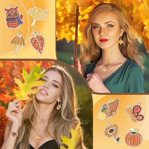 SANNIX 110Pcs/55 Pairs Fall Charms, Thanksgiving Charms for Jewelry Making Bulk, Autumn Thanksgiving Pumpkin Maple Leaf Turkey Enamel Charm Pendants for DIY Bracelet Necklaces Earrings Craft - style: Fall Charms