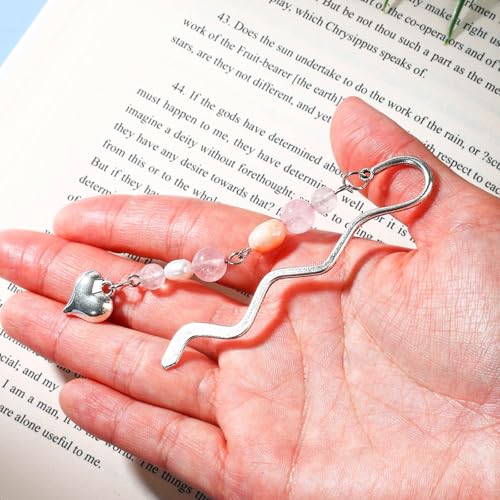 Vintage Metal Heart Pendant Bookmark with Natural Crystal Bead Chain–Elegant Bookmarks for Women,Men,Book Lovers,Teachers and Students(Rose Quartz) - style: Heart