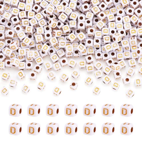FASHEWELRY 500Pcs White Golden Letter Beads 4.5mm Square Alphabet Beads Acrylic Cube Letter D Beads for Friendship Bracelet Necklace Keychains Jewelry Making - color: Letter D