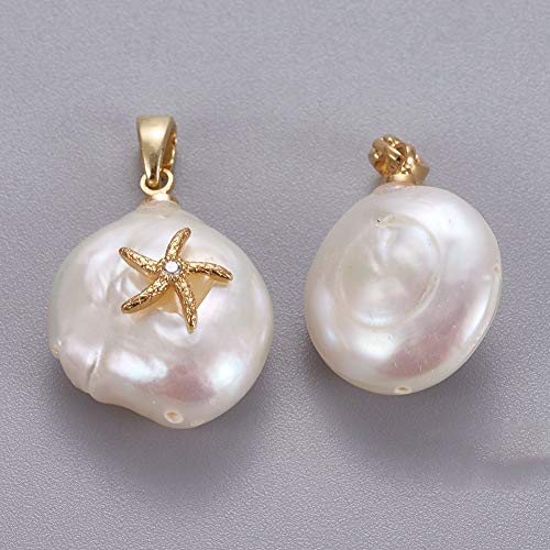 Crafans 5Pcs Cultured Freshwater Pearl Charms with Starfish Pattern, Natural Nuggets Pearl Beads with Golden Brass Loop & Cubic Zirconia Pearl Pendants for Jewelry Making