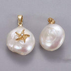 Crafans 5Pcs Cultured Freshwater Pearl Charms with Starfish Pattern, Natural Nuggets Pearl Beads with Golden Brass Loop & Cubic Zirconia Pearl Pendants for Jewelry Making