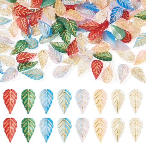Beadthoven 160Pcs Leaf Glass Beads 8 Colors Vintage Boho Czech Crystal Glass Leaf Shaped Beads Gold Plated Cute Plant Bead Loose Spacers for Jewelry Making DIY Bracelets Necklace Earrings Crafts - color: Leaf Gold Plated