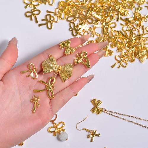 stino 100 Gram Metal Charms for Jewelry Making, Silver & Gold Plated, Bulk Pack for Bracelets, Necklaces, Crafts - color: Bow (Gold Plated 200gram)