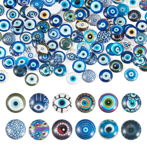 100Pcs/Set Flat Round Transparent Glass Cabochons with Pattern Eye Flatback Glass Dome Flatback Cab Beads for Photo Cameo Jewelry Making Necklace Ring DIY Crafts 12x4mm Blue Eye - color: 100Pcs-12x4mm-Blue Eye