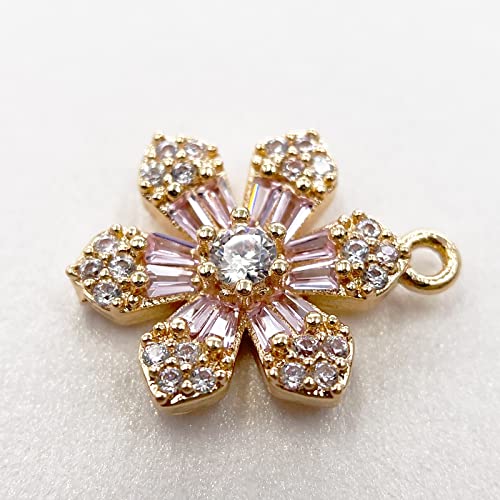Crystal Zirconia Gold Plated Brass Charms for Jewelry Making Bracelet Necklace Earring Pendant Craft Supplies DIY Accessories - color: FlowerB-Pink-6Pcs