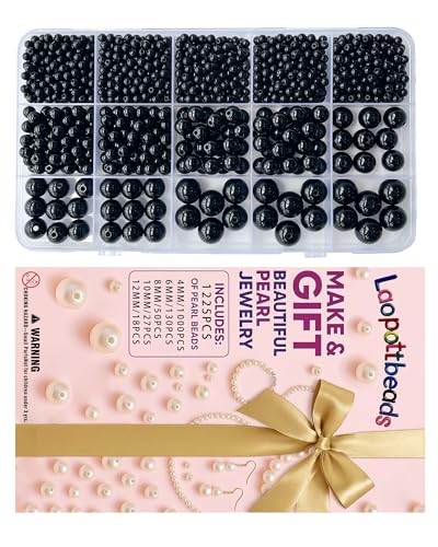 Laopottbeads 1225 Pcs Black 5 Size Pearl Beads for Jewelry Making Round Pearl DIY Kit for Bracelets, Earrings, Necklaces & Anklets - color: Black, size: 4/6/8/10/12 mm, 1225 pcs