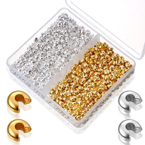 Ouligay 800PCS 4mm Mini Crimp Beads for Jewelry Making Crimp Bead Covers Half Round Open Crimping Bead Knot Covers for DIY Jewelry Craft Making Jump Rings with Transparent Box Gold and Sliver