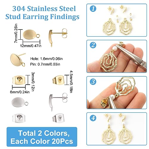 SUNNYCLUE 1 Box 40Pcs Post Earring Findings Earring Post with Loop Stainless Steel Earring Studs Oval Earring Posts Silver Gold Ear Stud DIY Earrings Findings for Jewelry Making Accessories Craft - color: 20pairs Stainless Steel Earring Studs With Loops