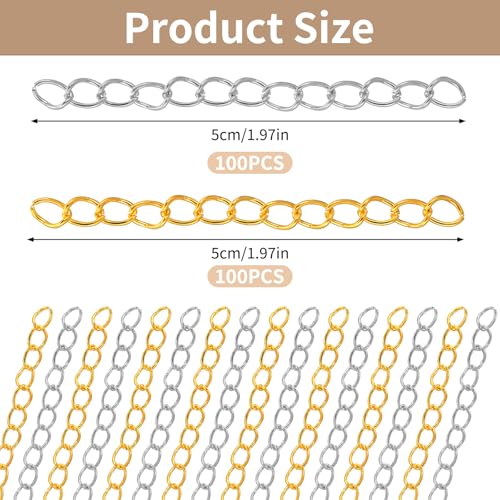 200PCS Chain Extender, 50mm x 4mm Removable Gold & Silver Extender for Necklaces Bracelet Keychain, Jewelry Making Chain for Women, DIY Craft Chains Supplies