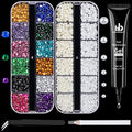 BELLEBOOST Nail Art Rhinestone Glue Gel&2 Boxes Flatback Gems Kit, 1 Tube of 15ml Rhinestone Gel Glue(UV/LED Needed)+Colorful Gems+Flat-Back Half Round White&Beige Pearls with Pickup Tools - color: A09-Multicolor+ White&Beige Pearls